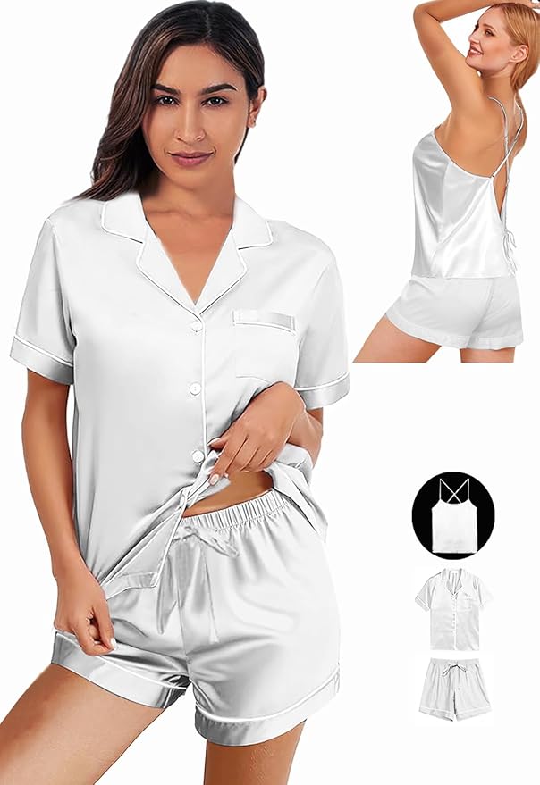 WJing Yi Jia 3Pcs Silk Pajamas Set for Women XS-4XL Satin Pajama Lingerie Pjs Cami Tops Silky Pj Sets Sleepwear Nightwear