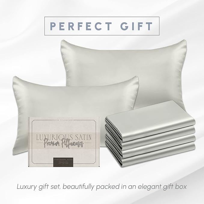 Elegant Comfort 6-Pack Cooling Viscose Satin Pillowcase Set with Hidden Zipper Closure, Silky Smooth for Hair and Skin Care-Beautiful Gift Box-6-Piece Satin Pillowcase Set, Standard/Queen, Light Jade