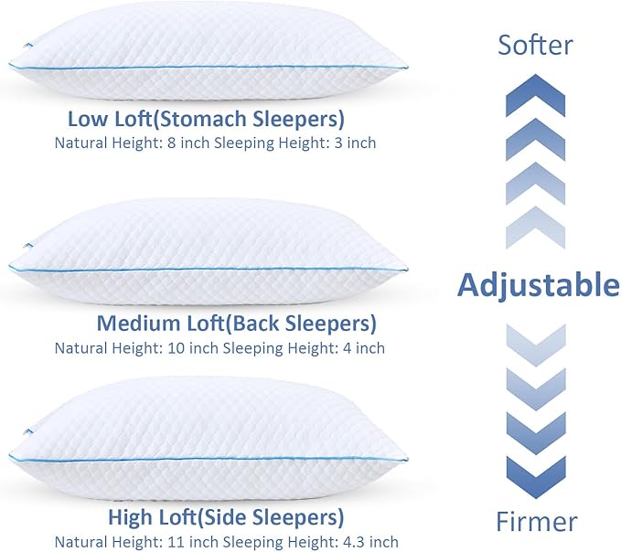 Shredded Memory Foam Pillows for Sleeping 2 Pack - Cooling Bed Pillows Standard Size Set of 2 - Firm Pillow for Side and Back Sleepers Adjustable Gel Pillow with Removable Cover