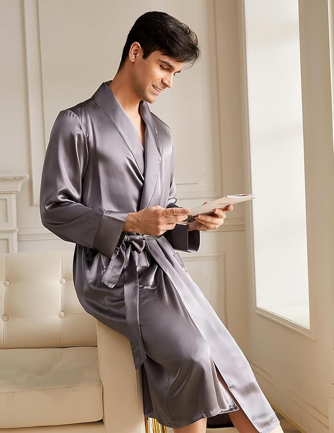 THXSILK Men’s Silk Robe Long Bathrobes, Luxury Lightweight Sleepwear, Two Pockets, Pure Mulberry Silk loungewear