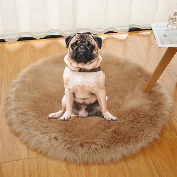 Faux Fur Round Area Rug Soft Fuzzy Carpet Fluffy Plush Mat Home Floor Decoration for Bedroom Living Room Bedside Khaki 19.6inch
