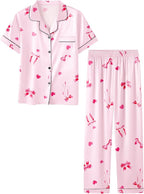 Umeyda Girls Womens Pajamas Set, Satin Silky Button Down Loungewear 2 Piece Short Sleeve Pants PJS Sets for Mommy Kids