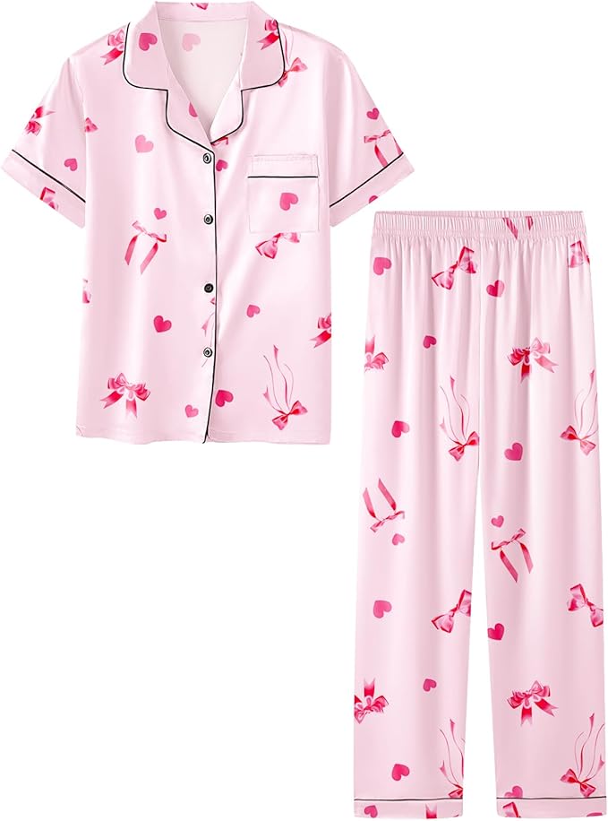 Umeyda Girls Womens Pajamas Set, Satin Silky Button Down Loungewear 2 Piece Short Sleeve Pants PJS Sets for Mommy Kids