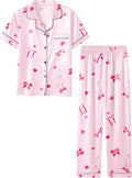Umeyda Girls Womens Pajamas Set, Satin Silky Button Down Loungewear 2 Piece Short Sleeve Pants PJS Sets for Mommy Kids