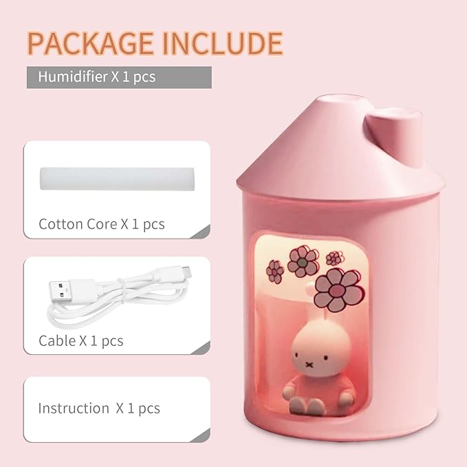 Mipow x miffy BTA700M Cool Mist Humidifier for Bedroom,Ultrasonic Quiet Humidifier with Night Light,450 ML Double Spray Humidifiers for Nursery,Office Indoor Plants (Pink), Easter Gift