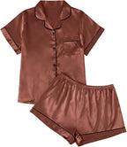 LILLUSORY Silk Satin Pajama Set for Women 2 Piece Lounge Pjs Winter Matching Summer Sleepwear Button Down Shirt Shorts