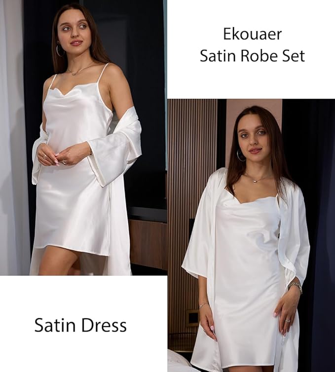 Ekouaer Women's Satin Robe Set Nightgown with Robes Silk Pajama Set 2 Pieces Lingerie Cowl Neck Cami Sleepwear Sets