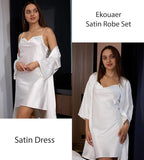 Ekouaer Women's Satin Robe Set Nightgown with Robes Silk Pajama Set 2 Pieces Lingerie Cowl Neck Cami Sleepwear Sets