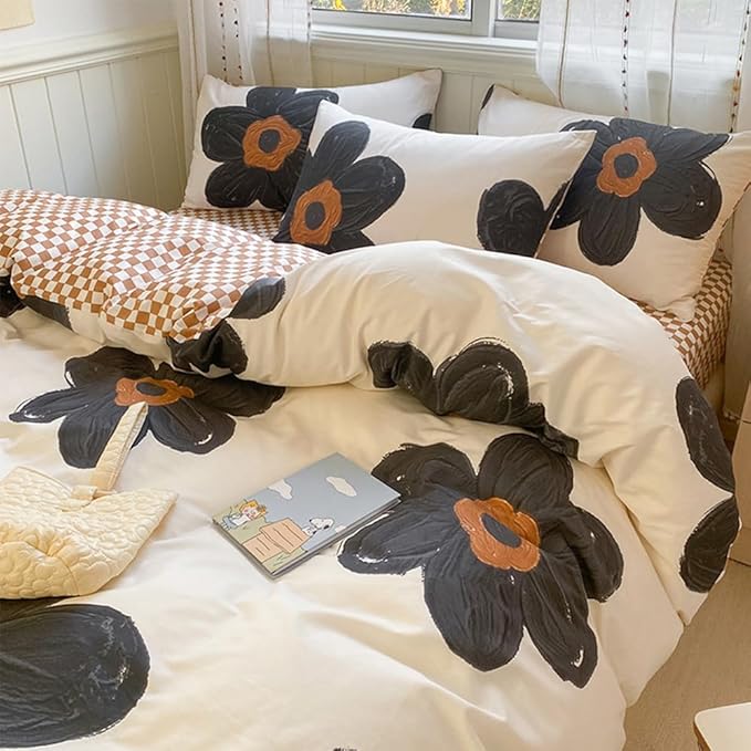 CLOTHKNOW Black Sunflower Full Size Comforter Sets Floral Bedding Comforter Sets Brown Plaid Comforter Beige Black Comforter with 2 x Pillow Cases