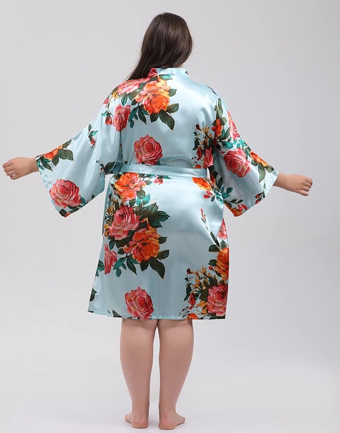 QXQTER Peony Floral Silky Satin Robe Wedding Bridal Party Bride Bridesmaid Robes for Women Dressing Gown Kimono Robe