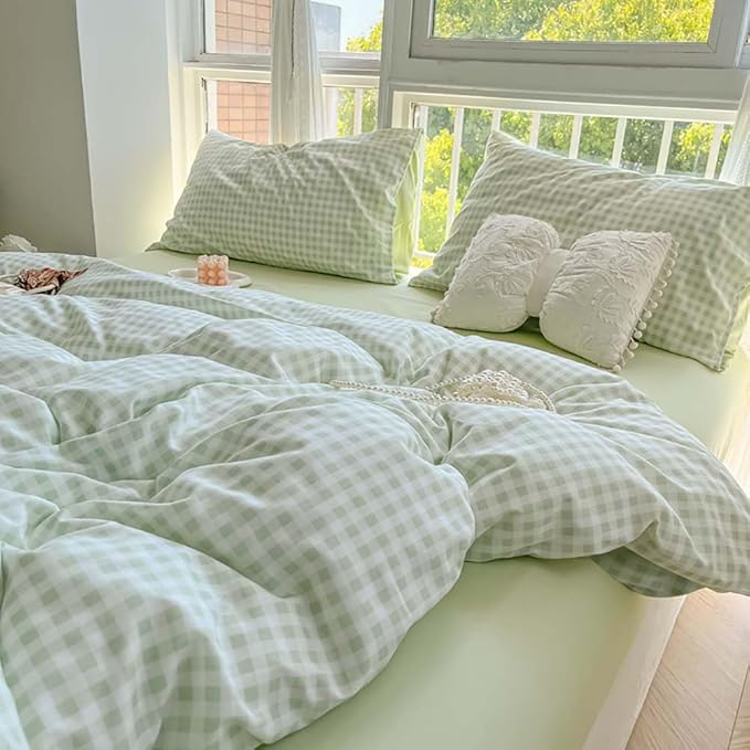 Nayoroom Green Gingham Duvet Cover Queen Size Plaid Checkered Duvet Cover Girls Dorm Bedding Set 3 Pieces Soft Lightweight Washed Microfiber Farmhouse Bedding with Pillowcases
