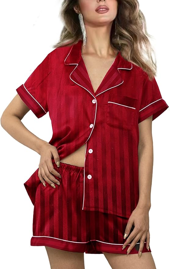 WJing Yi Jia Womens Silk Satin Pajamas Loungewear Two-Piece Sleepwear Button-Down Floral Pj Set XS-4XL