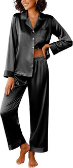 Ekouaer Womens Silk Satin Pajama Sets 2 Piece Sleepwear Pjs Set Long Sleeve Button Down Top and Pants Stripe Loungewear S-XXL