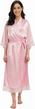 Long Satin Robes for Women Ankle Length Kimono Robes Silky Bridal Party Robes with Lace Trim Bridesmaid Loungewear Sleepwear