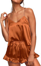 CHYRII Women's Sexy Silk Satin Ruffled Pajamas Sets Cami Shorts Sets Sleepwear