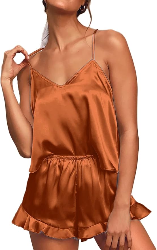 CHYRII Women's Sexy Silk Satin Ruffled Pajamas Sets Cami Shorts Sets Sleepwear