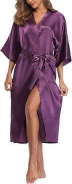 Women's Silk Robes Soft Long Satin Kimono Bathrobe Bride Bridesmaid Wedding Party Robes Sexy Sleepwear with Pockets