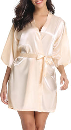 Vlazom Womens Kimono Robes Dressing Gown Satin Bathrobe Nightdress Short Style Bridal Robe