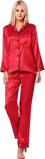 SWOMOG Womens Silk Satin Pajamas Set Long Sleeve Button Down Sleepwear 2 Piece Lounge Set Pj Set XS-3XL