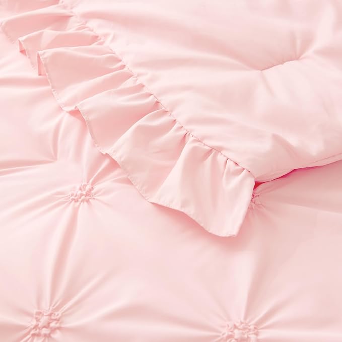 BEDELITE Baby Pink Comforter Set Queen - 3 Pieces Boho Ruffle Pintuck Bedding Comforter Sets, Lightweight Soft & Warm Bed Comforter with 2 Pillowcases for Spring,Valentines Day Gift