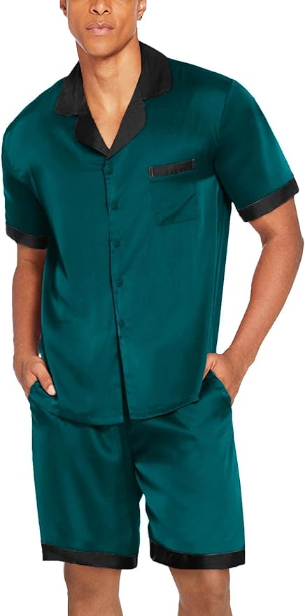 Ekouaer Men Satin Silk Pajamas Set with Pockets Sleepwear Shorts Satin Summer Loungewear 2 Piece Button Down Set S-3XL