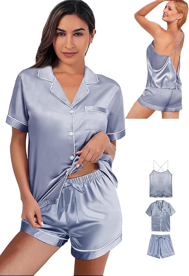 WJing Yi Jia 3Pcs Silk Pajamas Set for Women XS-4XL Satin Pajama Lingerie Pjs Cami Tops Silky Pj Sets Sleepwear Nightwear