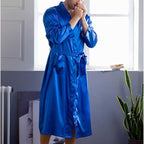 Men's Satin Robe Silky Bathrobe Soft Comfy Casual Bathrobe Fashion Comfy Solid Color Long Loungewear with Pocket