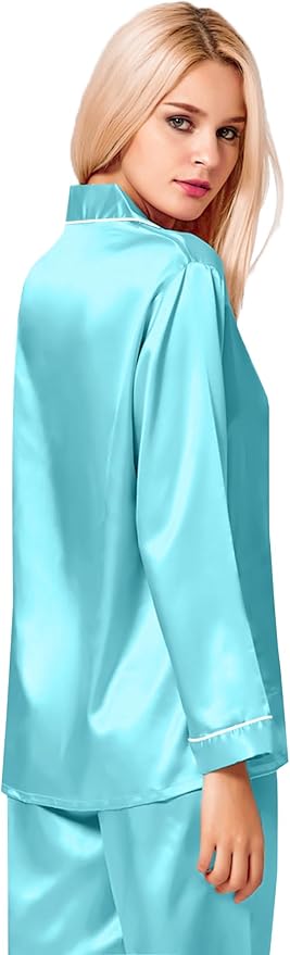 SWOMOG Womens Silk Satin Pajamas Set Long Sleeve Button Down Sleepwear 2 Piece Lounge Set Pj Set XS-3XL