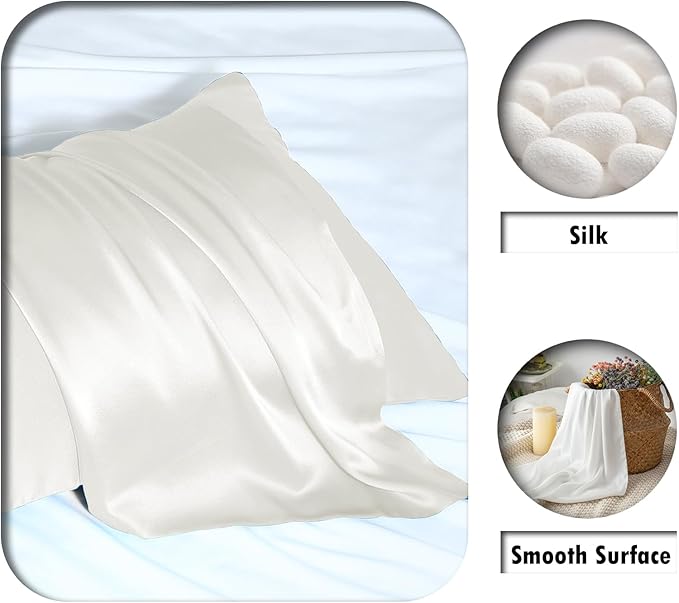 Natural Mulberry Silk Pillowcase for Hair and Skin Queen Size 20"X30" Pillow Case with Hidden Zipper Soft Breathable Smooth Cooling Silk Pillow Covers for Sleeping (Ivory,Queen,1Pcs)