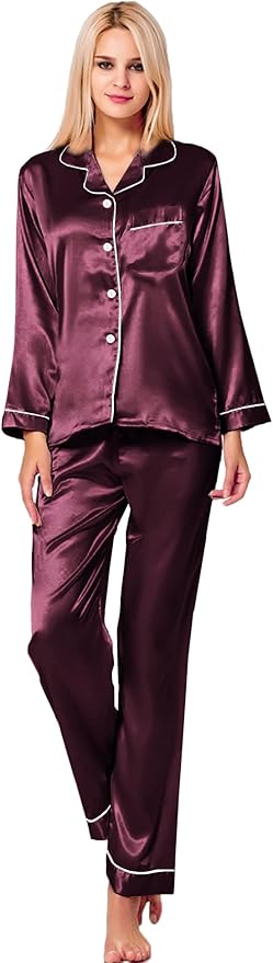SWOMOG Womens Silk Satin Pajamas Set Long Sleeve Button Down Sleepwear 2 Piece Lounge Set Pj Set XS-3XL