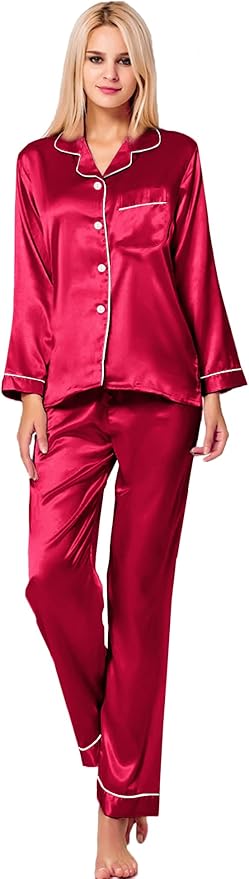 SWOMOG Womens Silk Satin Pajamas Set Long Sleeve Button Down Sleepwear 2 Piece Lounge Set Pj Set XS-3XL