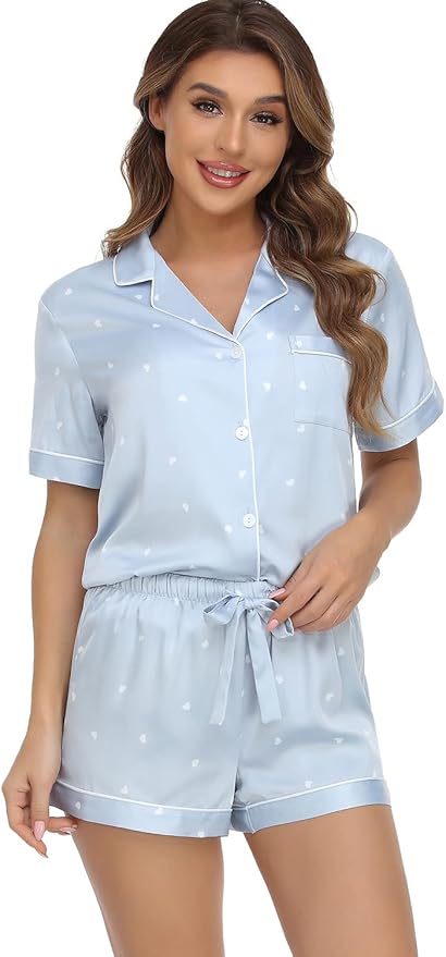 Serenedelicacy Women's Satin Pajama Set 2-Piece Sleepwear Loungewear Button Down Short Sleeve Silky PJ Set