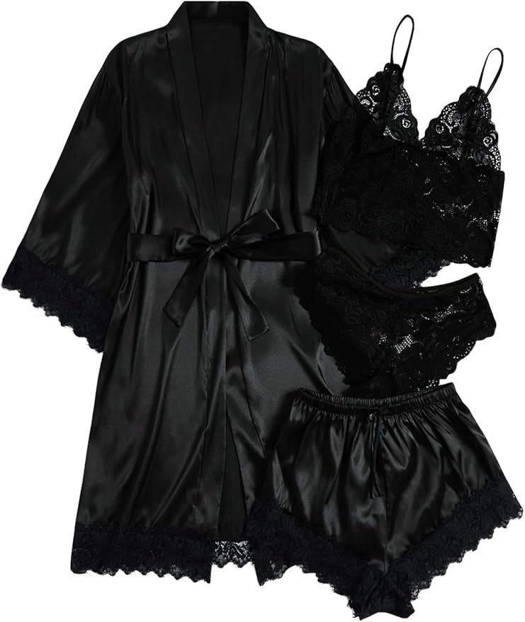 WDIRARA Women' Silk Satin Pajamas Set 4pcs Lingerie Floral Lace Cami Sleepwear with Robe