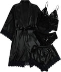 WDIRARA Women' Silk Satin Pajamas Set 4pcs Lingerie Floral Lace Cami Sleepwear with Robe