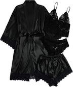WDIRARA Women' Silk Satin Pajamas Set 4pcs Lingerie Floral Lace Cami Sleepwear with Robe