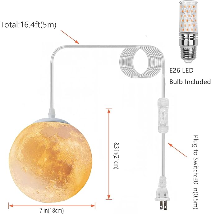Plug-in Moon Pendant Light, Hanging Lamp with Switch & Cord, 3-Color Dimmable LED Ceiling Lamp for Kids’ Bedroom or Nursery, White Lunar Night Light (Warm,Neutral,White,LED Bulb Included)
