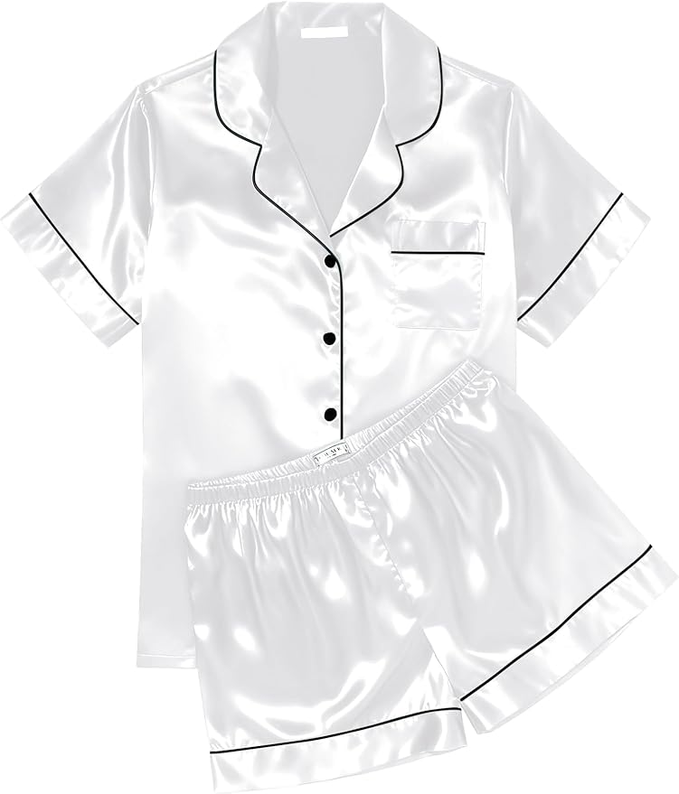 Ekouaer Womens Silk Satin Pajama Sets Soft Short Sleeve Button Down Sleepwear Top and Shorts 2 Piece Pjs Lounge Set