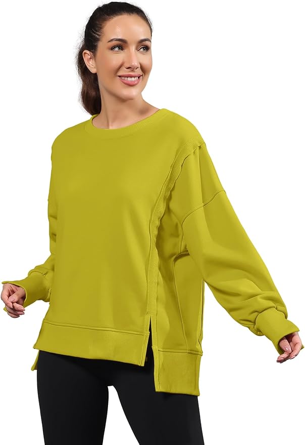 Nirovien Womens Oversized Crewneck Sweatshirt Side Slit Long Sleeve Pullover Slouchy Fit Tops