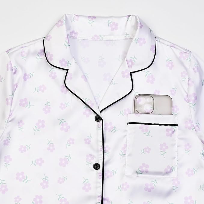 QPANCY Kids Satin Pajamas Sets Baby Boy Girl Button-Down Silk Sleepwear 2 Piece Short Sleeve Loungewear Clothes Set