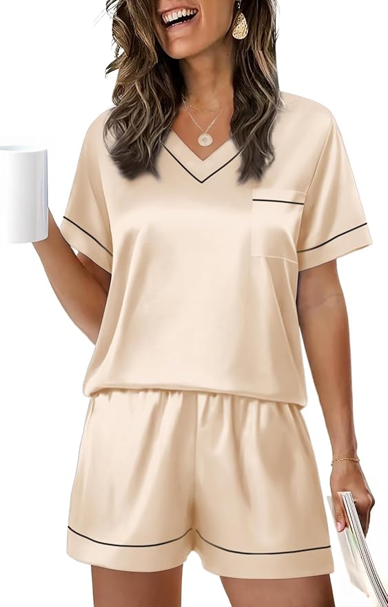 WIHOLL Silk Pajamas for Women Short Sleeve Sleepwear Soft Lounge Sets 2 Piece Satin Pjs