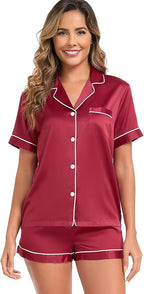 Serenedelicacy Women's Satin Pajama Set 2-Piece Sleepwear Loungewear Button Down Short Sleeve Silky PJ Set