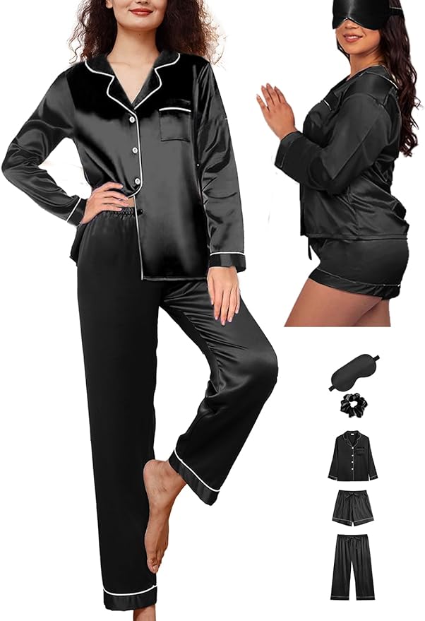 WJing Yi Jia 5Pcs XS-XXL Womens Silk Satin Pajamas Sets Long Pj Sets Button Down Pjs Set Loungewear Sleepwear