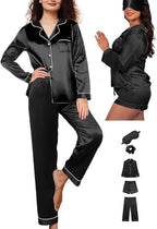 WJing Yi Jia 5Pcs XS-XXL Womens Silk Satin Pajamas Sets Long Pj Sets Button Down Pjs Set Loungewear Sleepwear