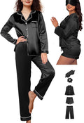 WJing Yi Jia 5Pcs XS-XXL Womens Silk Satin Pajamas Sets Long Pj Sets Button Down Pjs Set Loungewear Sleepwear