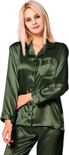 SWOMOG Womens Silk Satin Pajamas Set Long Sleeve Button Down Sleepwear 2 Piece Lounge Set Pj Set XS-3XL