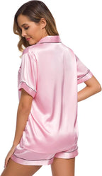 SWOMOG Womens Silk Satin Pajamas Set Short Sleeve Sleepwear Button Down Top and Shorts Loungewear 2 Piece Pjs Set XS-3XL