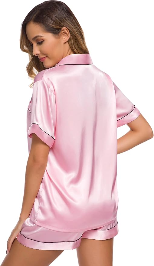 SWOMOG Womens Silk Satin Pajamas Set Short Sleeve Sleepwear Button Down Top and Shorts Loungewear 2 Piece Pjs Set XS-3XL