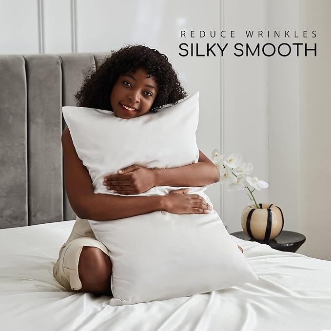 MR&HM Satin Bed Sheets, Twin XL Size Sheets Set, 3 Pcs Silky Bedding Set with 15 Inches Deep Pocket for Mattress (Twin XL, Ivory)
