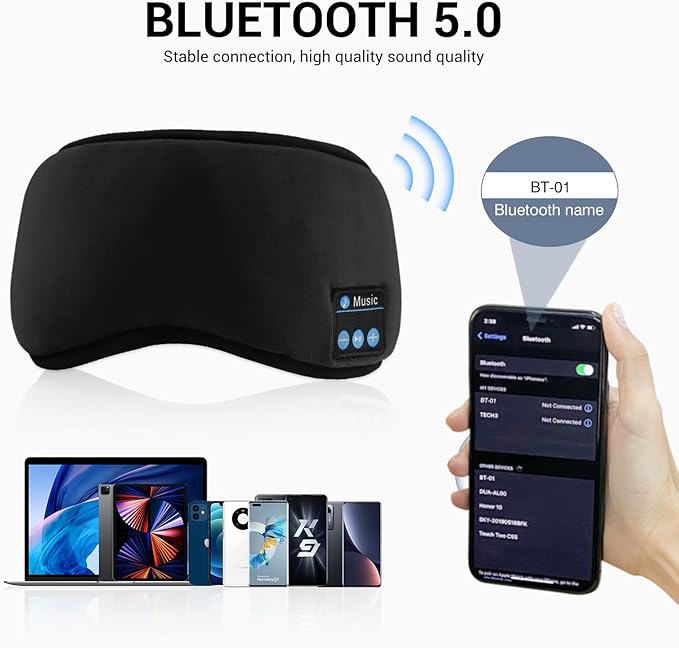 Sleep Headphones - Sleep Mask with Bluetooth Headphones (Black), Washable Bluetooth Sleep Mask, Built-in Speaker and Microphone, Side Sleeping, Meditation & Travel