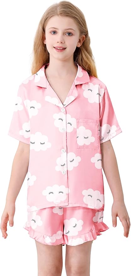 Umeyda Girls & Women Satin Pajamas Set Button Down 2 Piece Silk Pjs Shorts Set Ruffle Sleepwear, 5 Years-Women L